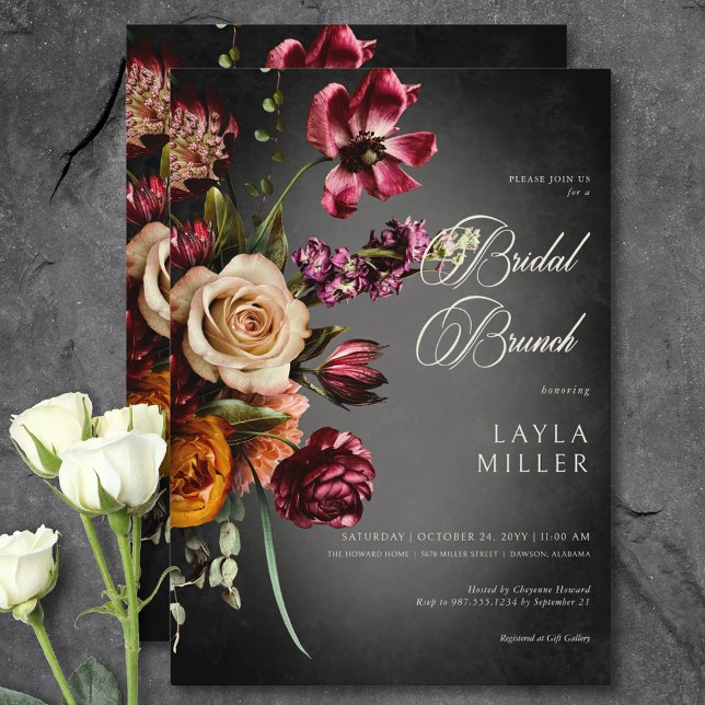 Invitación Brunch floral de novias florido oscuro y elegante (Dark Elegant Blur Autumn Floral Bridal Brunch Invitation)