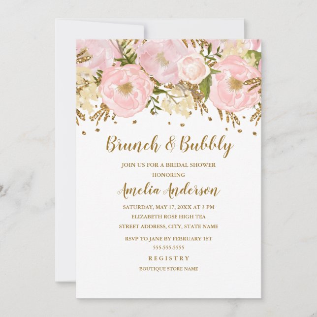 Invitación Brunch Floral De Oro Rosado De bonito Rubor Y Bubb (Anverso)