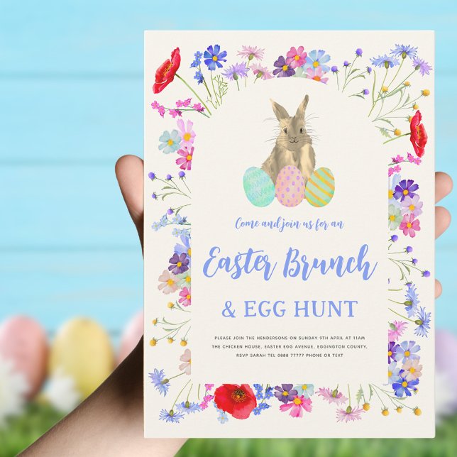 Invitación Brunch Floral de Pascua y caza de huevos (Easter brunch and egg hunt boho bunny invitation)
