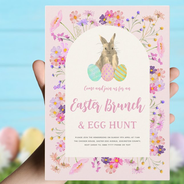 Invitación Brunch Floral de Pascua y caza de huevos (Easter brunch and egg hunt boho wildflowers and bunny pink invitation )