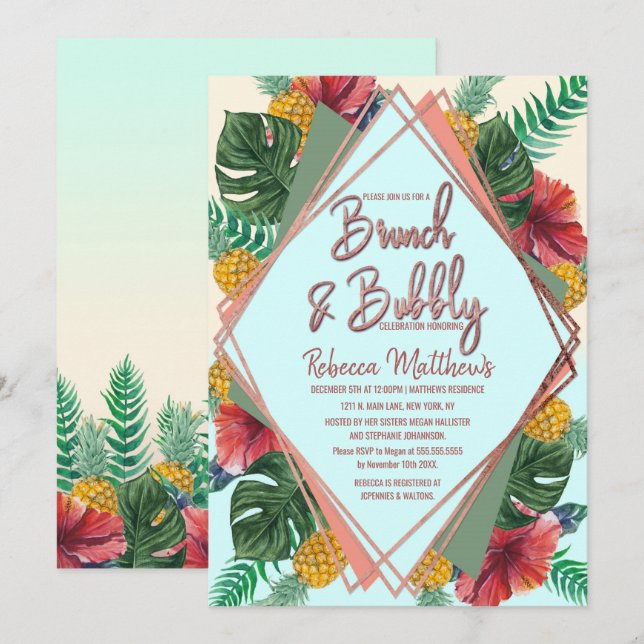 Invitación Brunch floral de piña tropical de verano y burbuja (Anverso / Reverso)