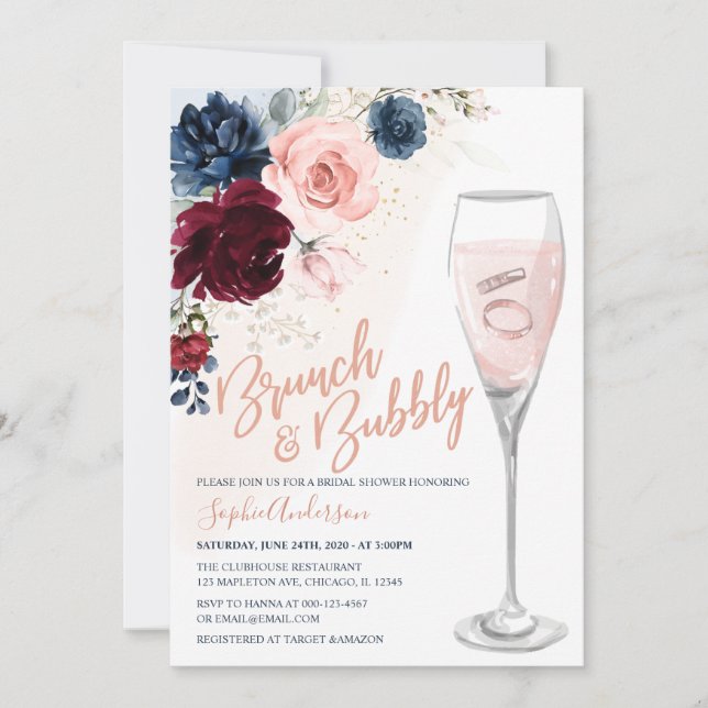 Invitación Brunch floral de Rubor azul borgoña y burbujeante (Anverso)