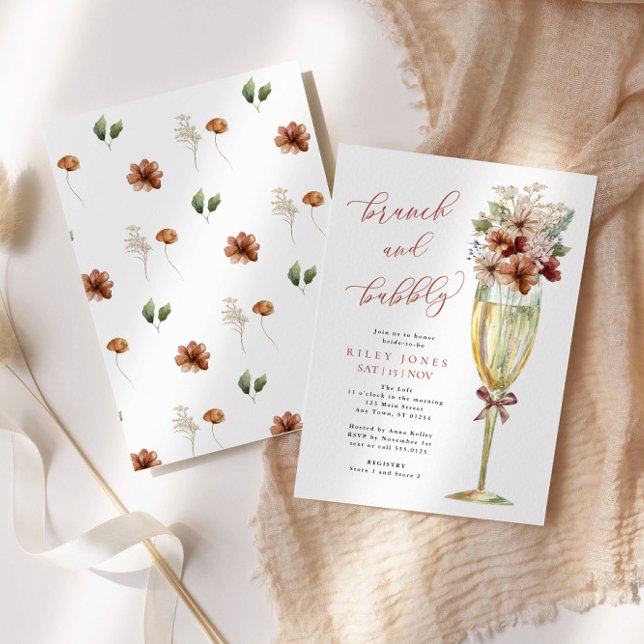 Invitación Brunch floral de terracota y champán de oro burbuj (Beautiful Terracotta Flowers in a Gold Champagne glass-perfect for your Fall event!)