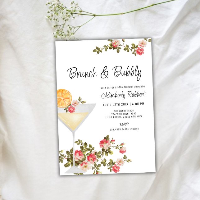 Invitación Brunch floral de verano Bubbly Champagne Baby Show (Summer Floral Brunch Bubbly Champagne Baby Shower Invitation)
