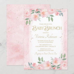 Invitación Brunch floral del bebé de la acuarela rosada