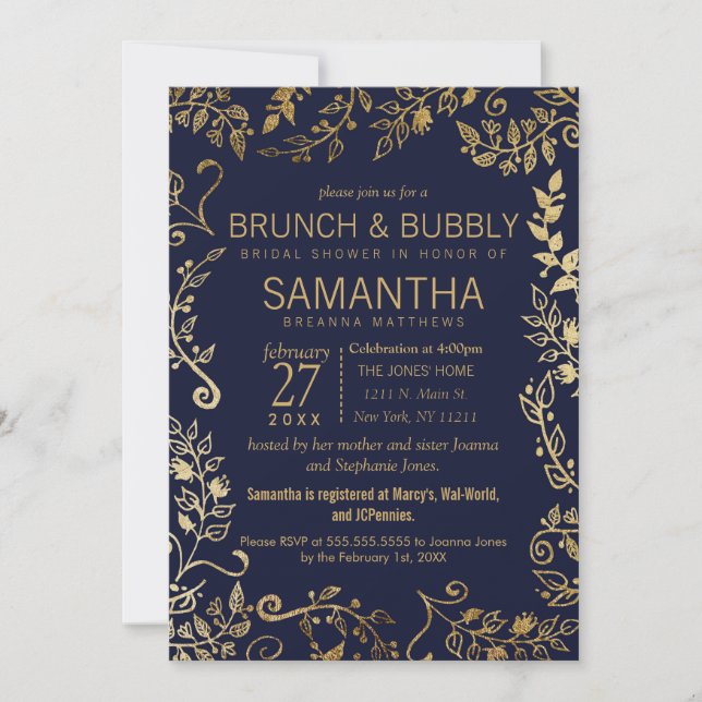 Invitación Brunch floral del oro elegante de los azules (Anverso)