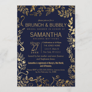 Invitación Brunch floral del oro elegante de los azules