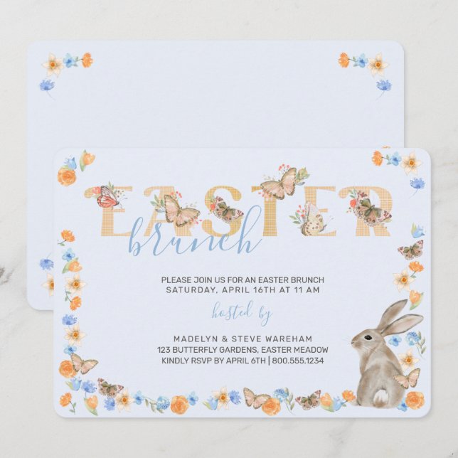 Invitación Brunch floral dulce de ternera y mariposa (Anverso / Reverso)