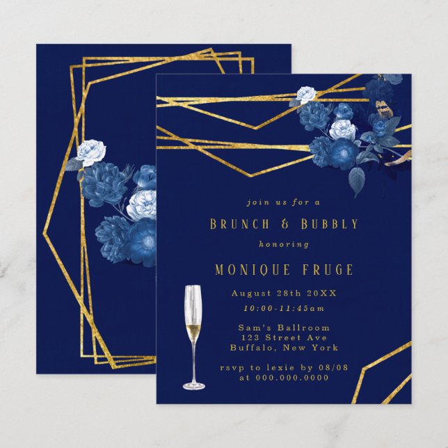Invitación Brunch floral geométrico azul y oro (Anverso / Reverso)