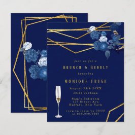 Invitación Brunch floral geométrico azul y oro