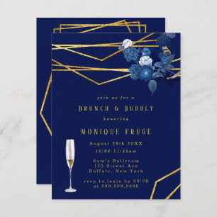 Invitación Brunch floral geométrico azul y oro