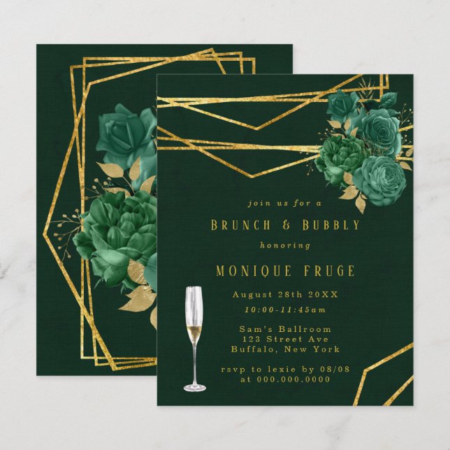 Invitación Brunch floral geométrico verde y dorado (Anverso / Reverso)
