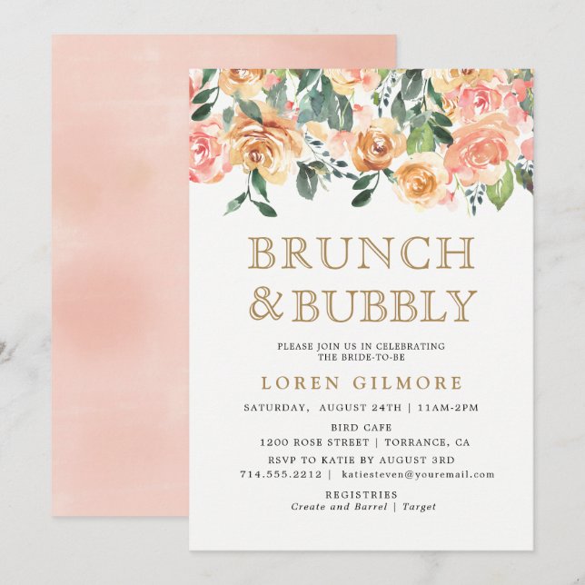 Invitación Brunch floral Gold Peach y ducha Bubbly (Anverso / Reverso)