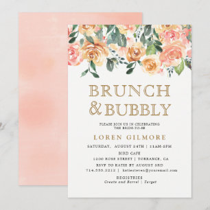 Invitación Brunch floral Gold Peach y ducha Bubbly