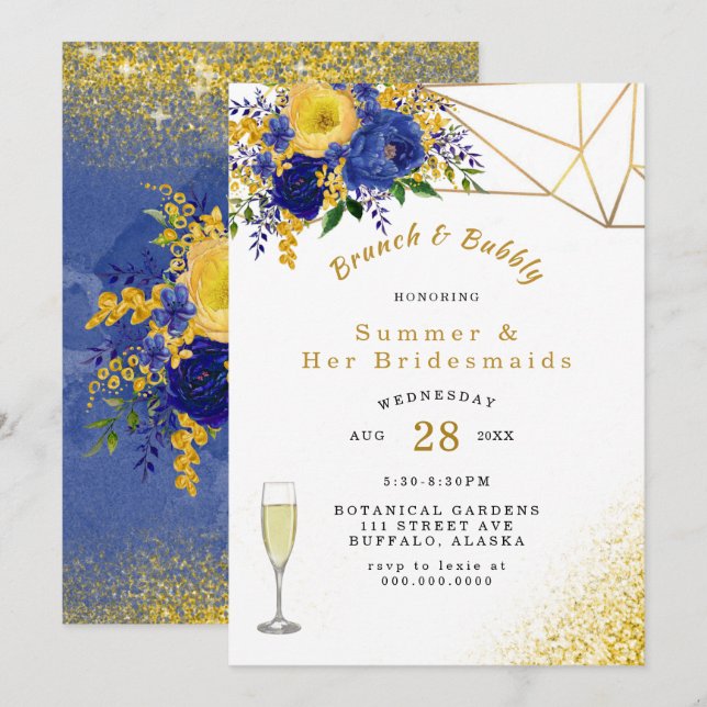 Invitación Brunch floral pintado de oro amarillo azul y burbu (Anverso / Reverso)