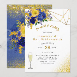 Invitación Brunch floral pintado de oro amarillo azul y burbu