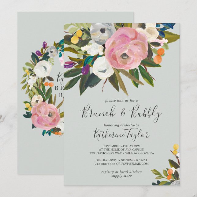 Invitación Brunch floral pintado y burbujeante (Anverso / Reverso)