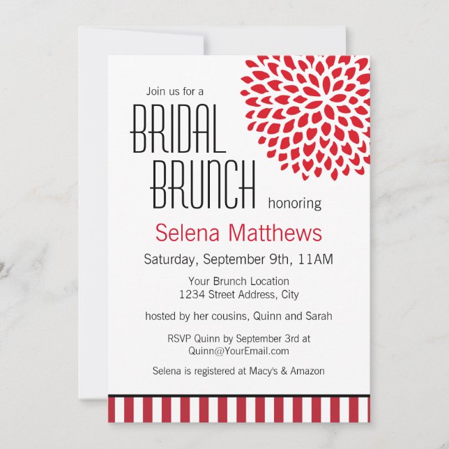Invitación Brunch floral roja y rayas moderno de novia (Anverso)