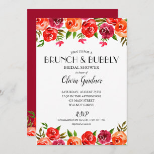 Invitación Brunch Floral Rojo Bubbly Bridal Shower