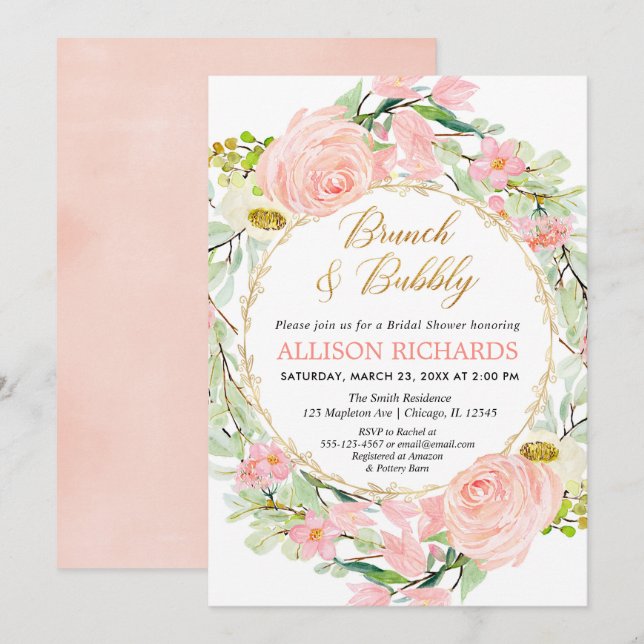Invitación Brunch floral rosa de Rubor y ducha Bubbly Bridal (Anverso / Reverso)