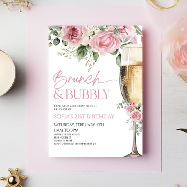 Invitación Brunch floral rosado y brunch de cumpleaños con bu (Subido por el creador)