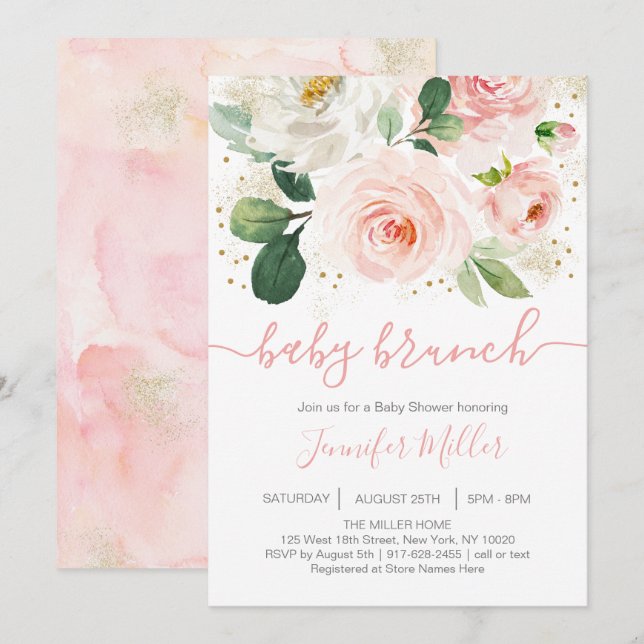 Invitación Brunch Floral Rubor Pink & Gold Baby Shower (Anverso / Reverso)