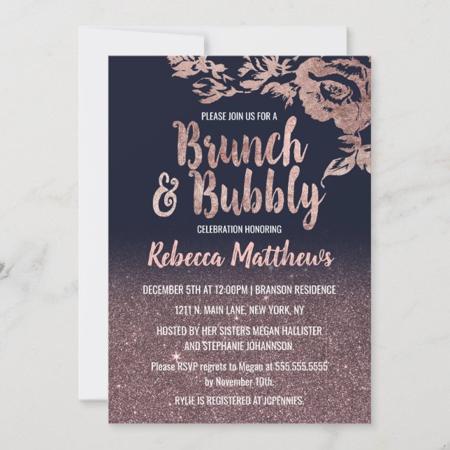 Invitación Brunch floral subió azules marinos del purpurina (Anverso)