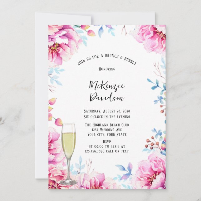 Invitación Brunch floral y bubbly para los peoneses rosados (Anverso)