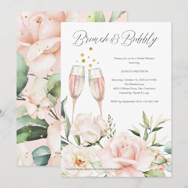 Invitación Brunch floral y mimosa de moda rosa rubia (Anverso / Reverso)