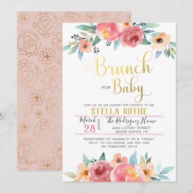 Invitación Brunch for Baby - Flores de primavera (Anverso / Reverso)