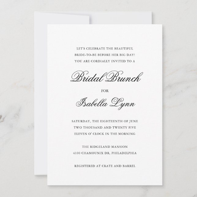 Invitación Brunch formal tradicional de novias en blanco y ne (Anverso)