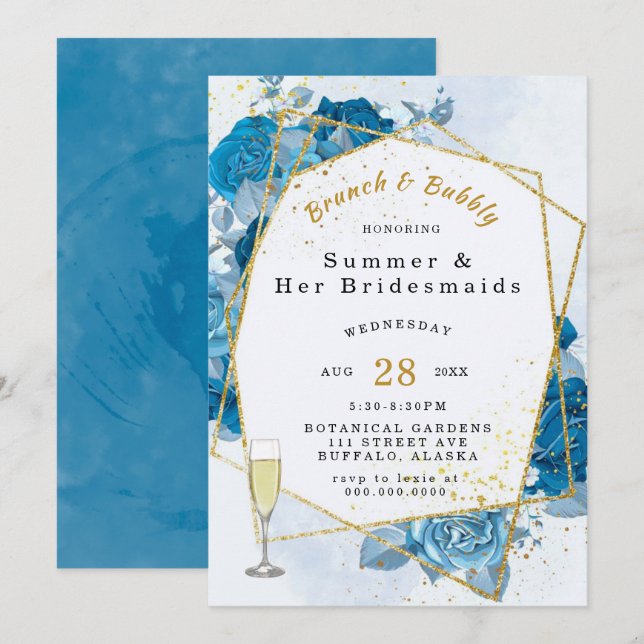 Invitación Brunch geométrico de oro azul cian y burbuja (Anverso / Reverso)