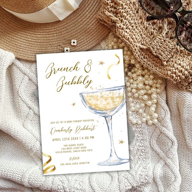 Invitación Brunch Gold Elegante Bubbly Champagne Baby Shower (Gold Elegant Brunch Bubbly Champagne Baby Shower Invitation)