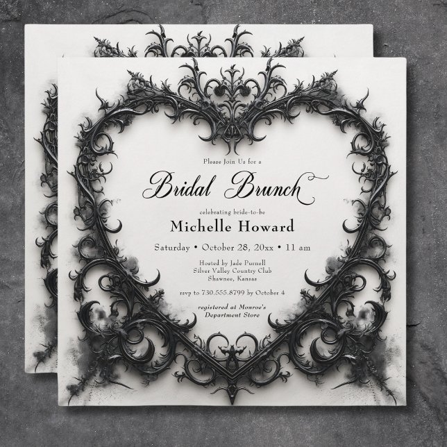 Invitación Brunch Gótico Negro y Blanco Filigree Corazón Brid (Gothic Black & White Filigree Heart Bridal Brunch Invitation)