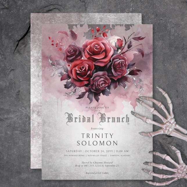 Invitación Brunch gótico negro y rojo rosa floral de novias (Gothic Black & Red Rose Floral Bridal Brunch Invitation)