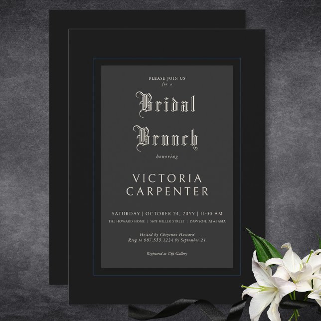 Invitación Brunch gótico oscuro mínimo negro y azul de novia (Dark Gothic Minimal Black & Blue Bridal Brunch Invitation)