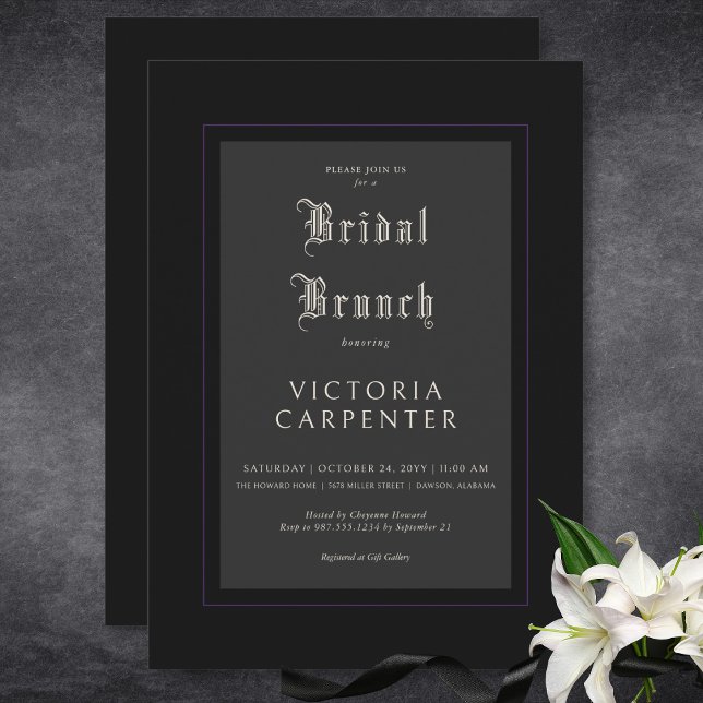 Invitación Brunch gótico oscuro mínimo negro y púrpura de nov (Dark Gothic Minimal Black & Purple Bridal Brunch Invitation)