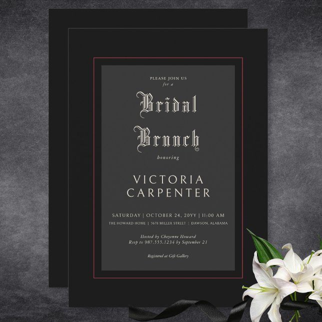 Invitación Brunch gótico oscuro mínimo negro y rojo de novia (Dark Gothic Minimal Black & Red Bridal Brunch Invitation)