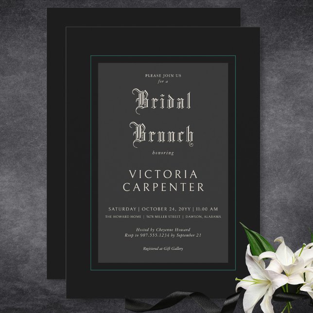 Invitación Brunch gótico oscuro mínimo negro y Verde azulado  (Dark Gothic Minimal Black & Teal Bridal Brunch Invitation)