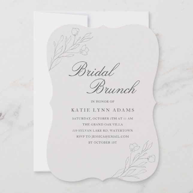 Invitación Brunch Gray Bridal Elegante de Línea Art Floral (Anverso)