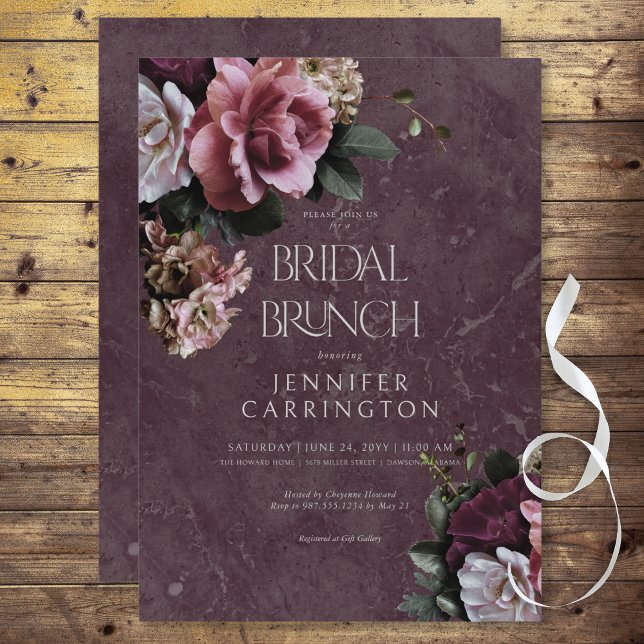 Invitación Brunch maroon y rosa floral moderna de novias (Maroon & Pink Floral Modern Bridal Brunch Invitation)