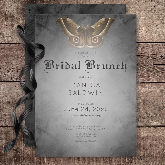 Invitación Brunch marrón marrón de nuez negra gótica (Gothic Black Watercolor Brown Moth Bridal Brunch Invitation)