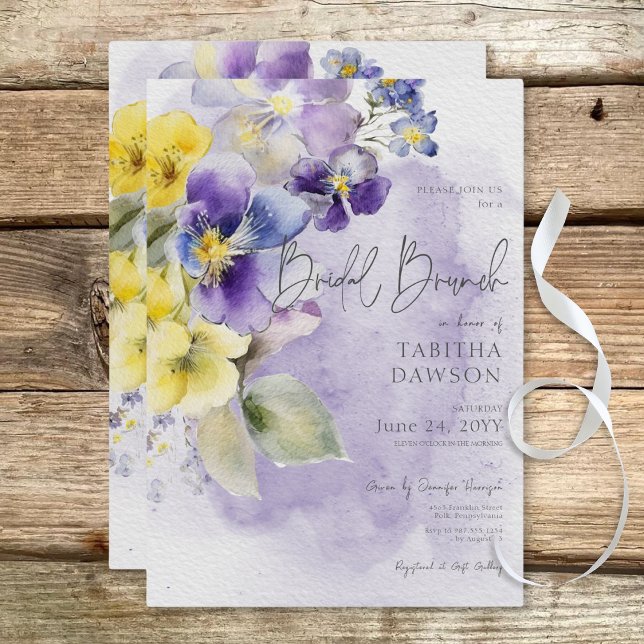 Invitación Brunch marrón marrón y amarillo floral moderno de  (Purple & Yellow Floral Modern Bridal Brunch Invitation)