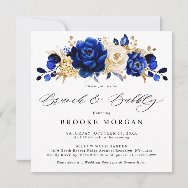Invitación Brunch metálico Royal Blue Yellow Gold y Bubbly (Anverso)