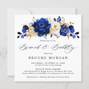 Invitación Brunch metálico Royal Blue Yellow Gold y Bubbly
