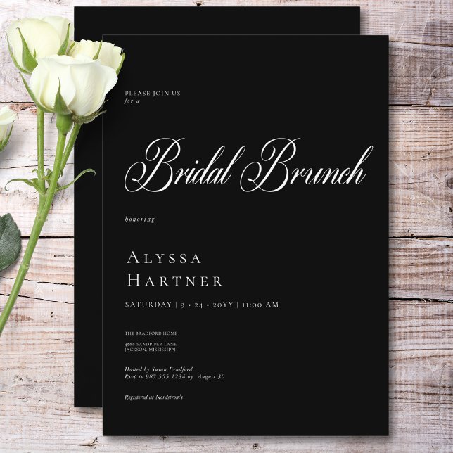 Invitación Brunch minimalista de novias negras y blancas (Minimal Classic Black & White Bridal Brunch Invitation)