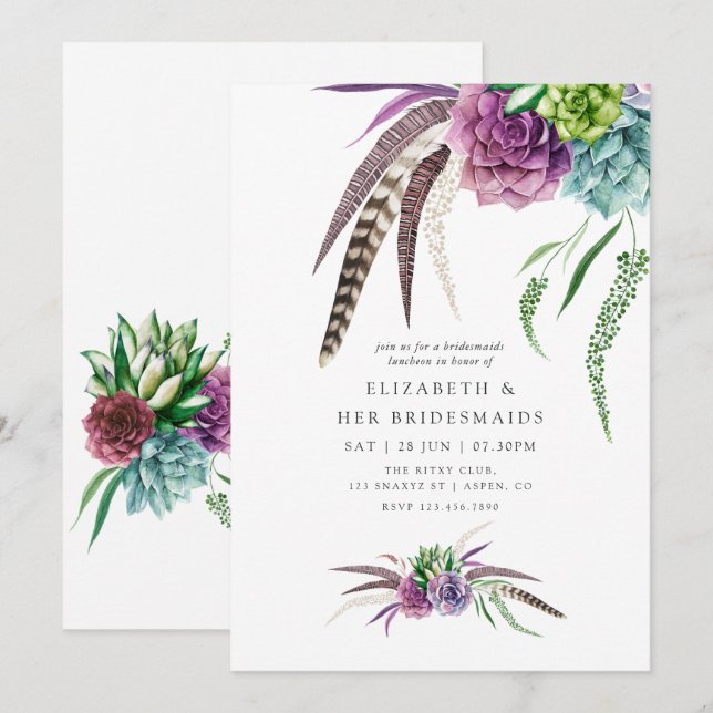 Invitación Brunch Místico Boho de Damas de Honor con Suculent (Anverso / Reverso)