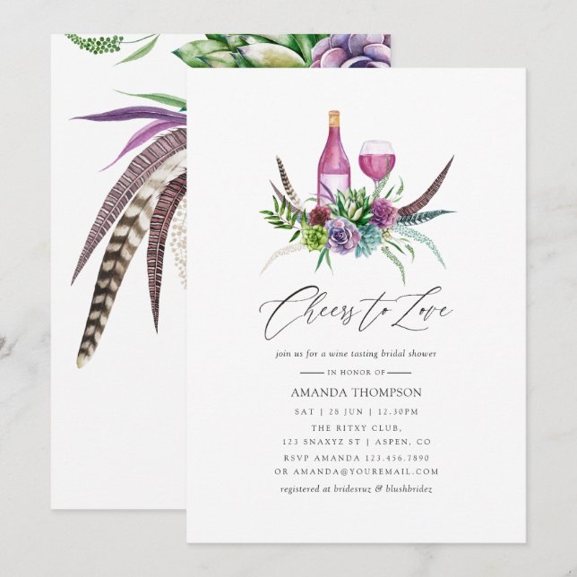 Invitación Brunch Místico Boho de Suculentas para Despedida d (Anverso / Reverso)