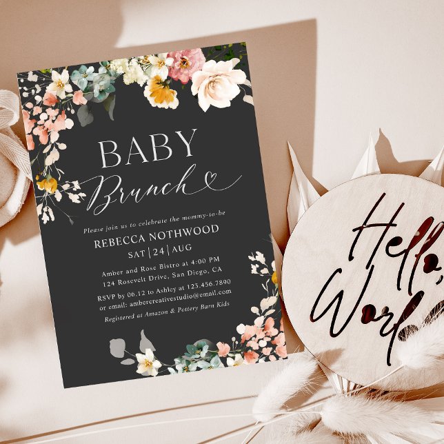 Invitación Brunch Moderno Oscuro Boho Floral Baby (Subido por el creador)