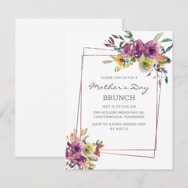 Invitación Brunch morado amarillo floral geométrico Día de la (Anverso / Reverso)